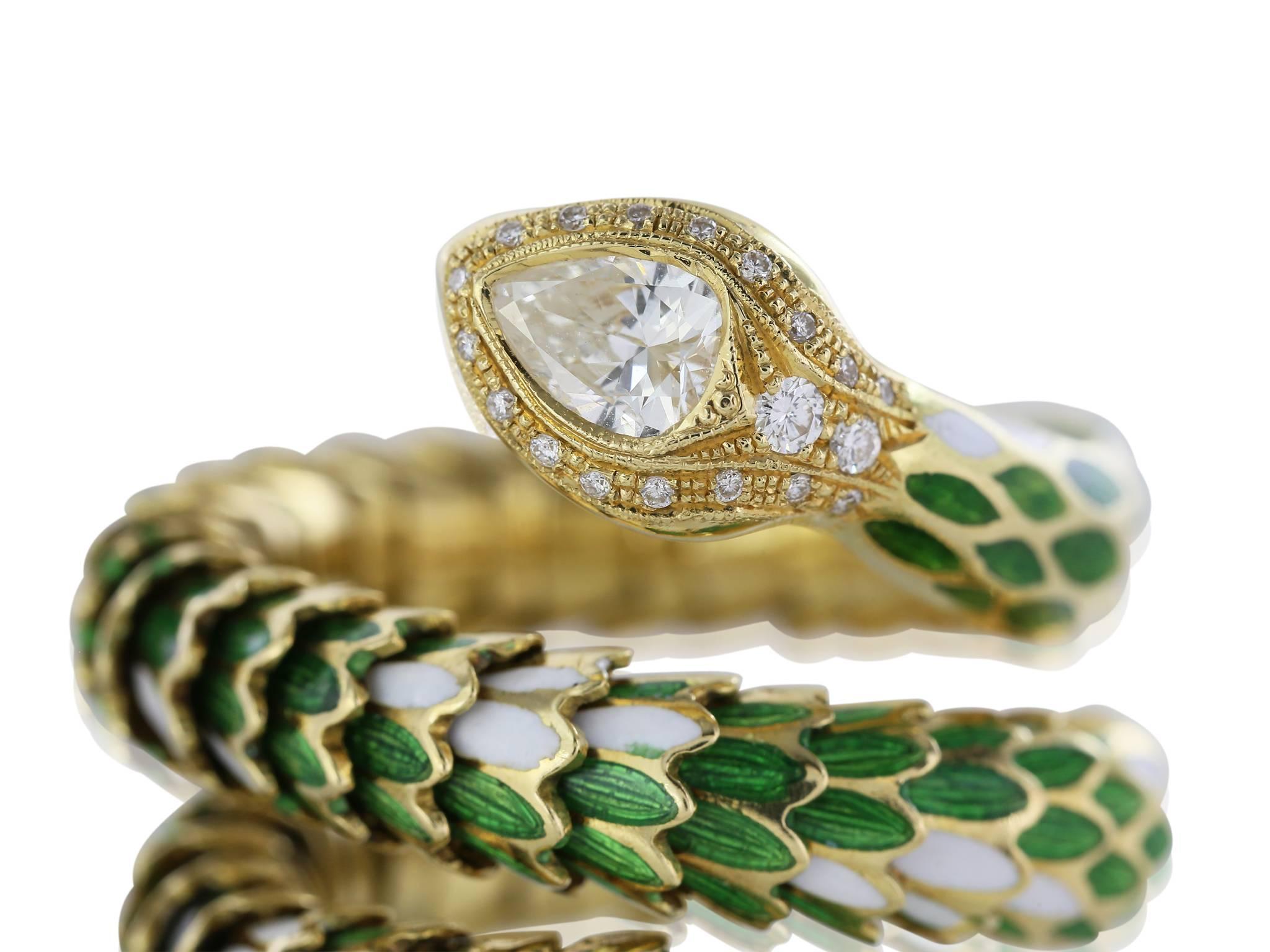 Women's or Men's Diamond Enamel Gold Snake Ring For Sale