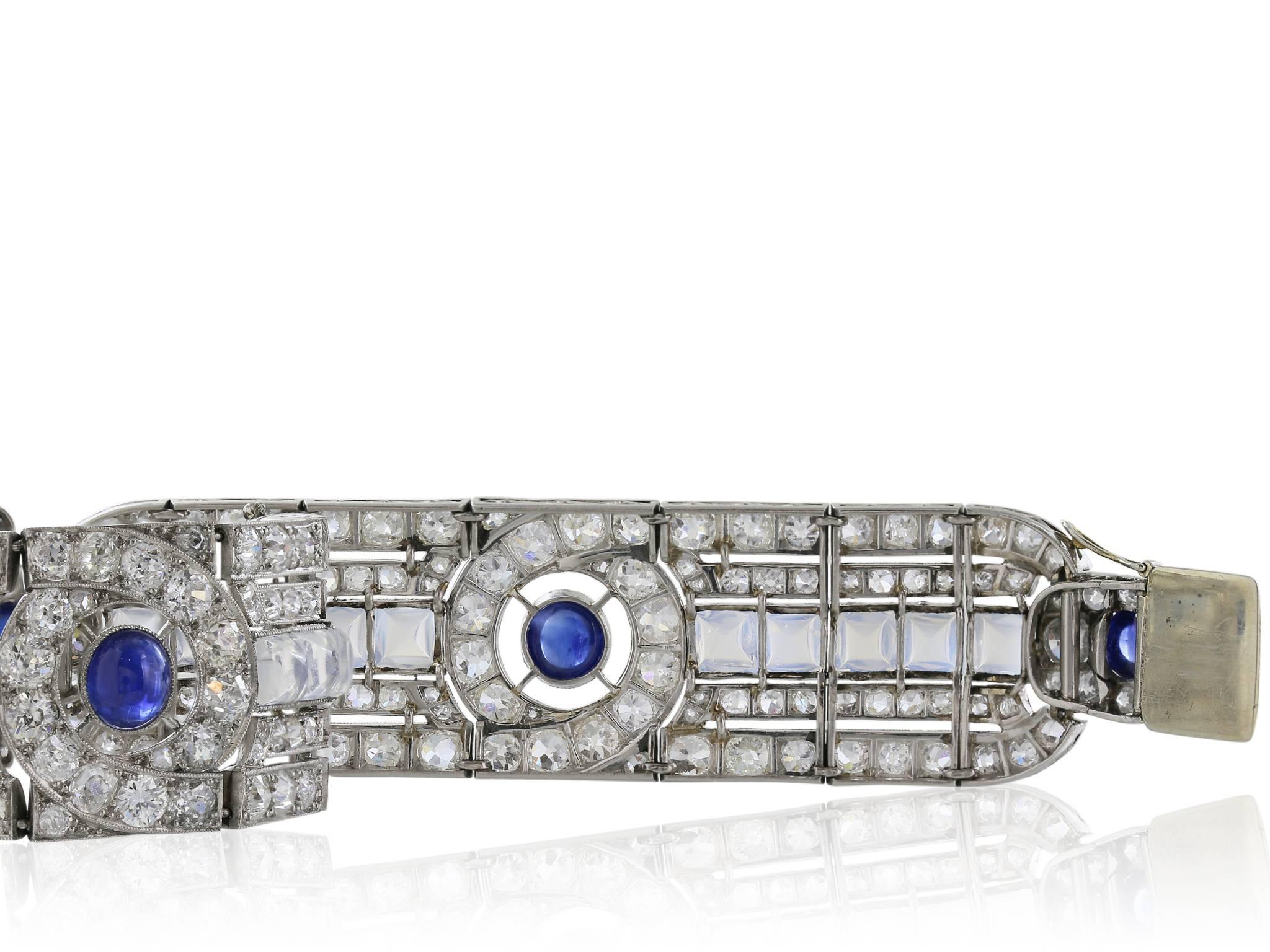 Art Deco Sapphire Moonstone Diamond Platinum Bracelet In Excellent Condition For Sale In Chestnut Hill, MA