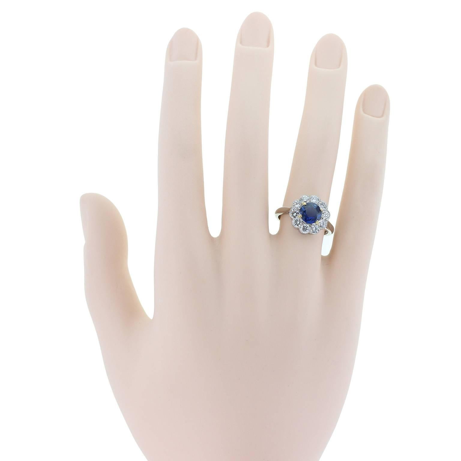Sapphire Diamond Platinum Daisy Cluster Ring  In Excellent Condition In Newcastle Upon Tyne, GB