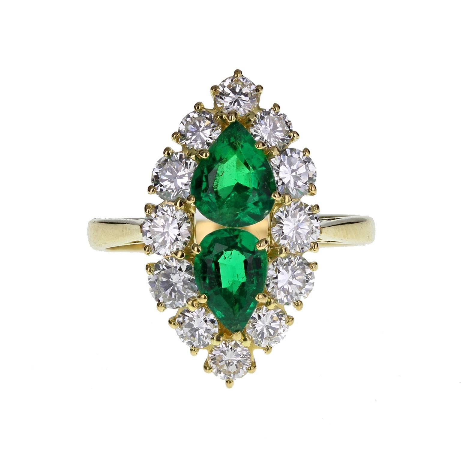 Fine Quality Marquise Shaped Emerald Diamond Gold Cluster Ring