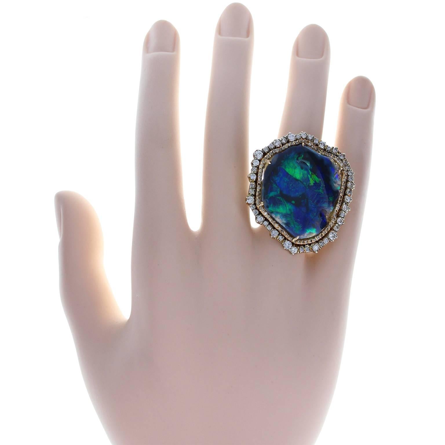 Women's or Men's Black Opal Diamond Gold Abstract Ring