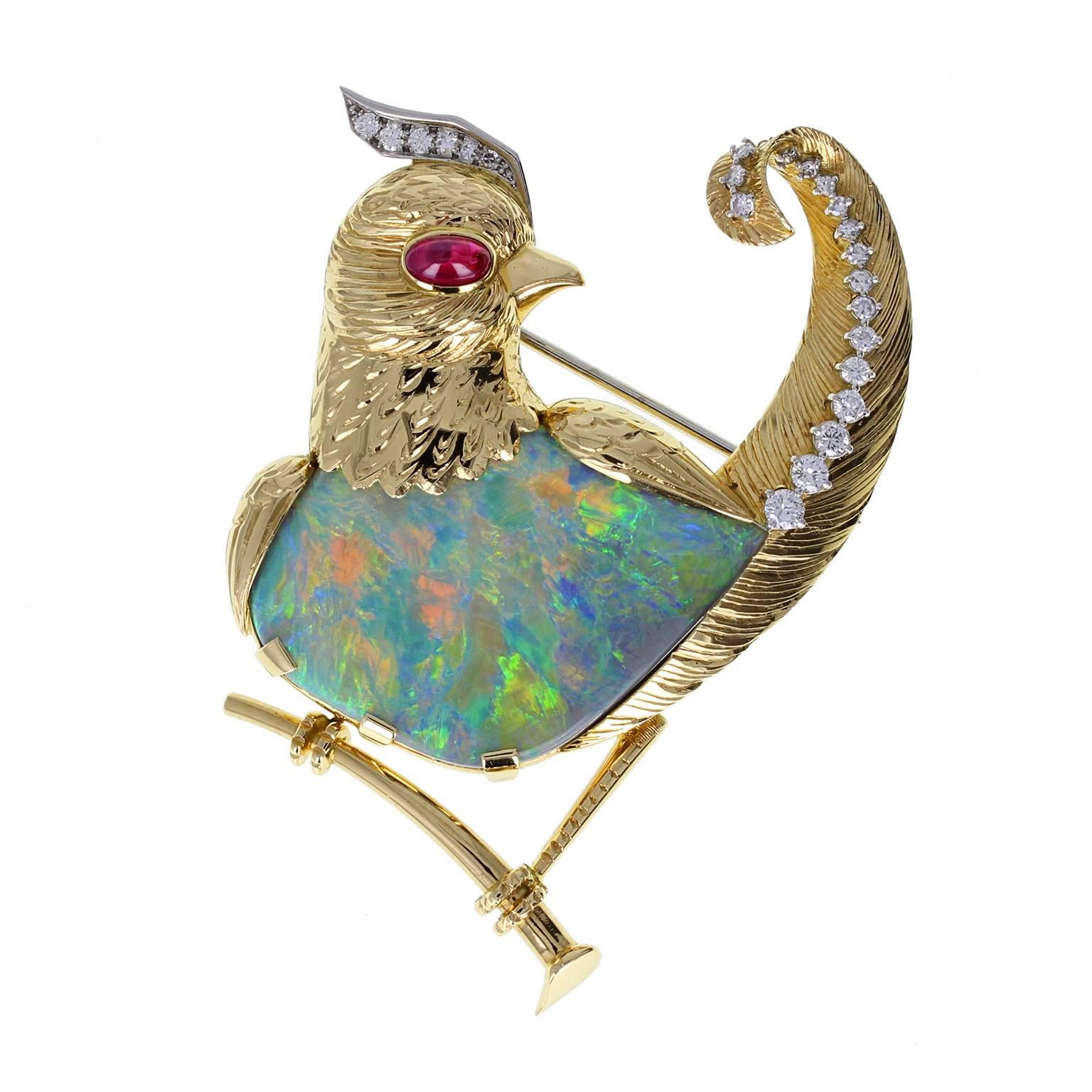 Cartier Opal Ruby Diamond Gold Bird Brooch For Sale
