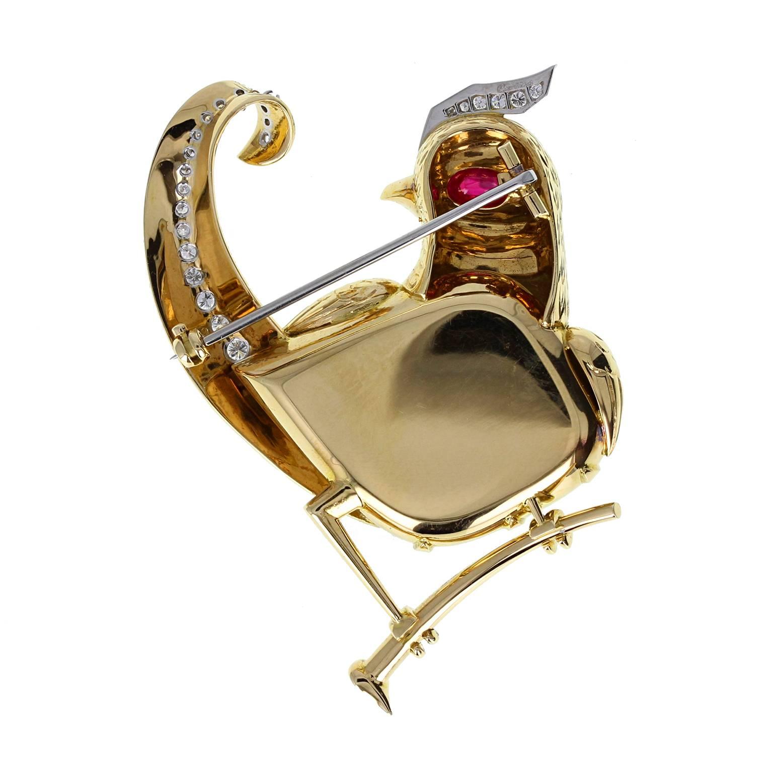 A beautiful brooch modelled as a bird perched on a branch. Opal body and textured gold plummage adorned with brilliant-cut diamonds. Single cabochon ruby eye. Signed Cartier and numbered. With original fitted box. Circa 1965

 
Setting
Tests as