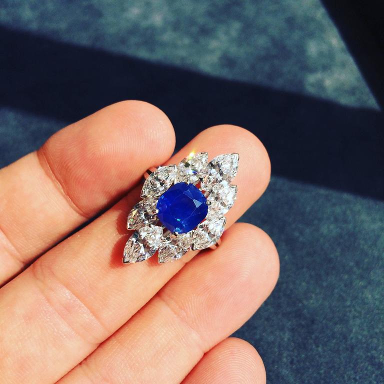 3.73 Carat Kashmir Sapphire Marquise Diamond Platinum Cluster Ring For ...