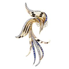 1930s Sapphire Diamond Gold Bird of Paradise Brooch 5