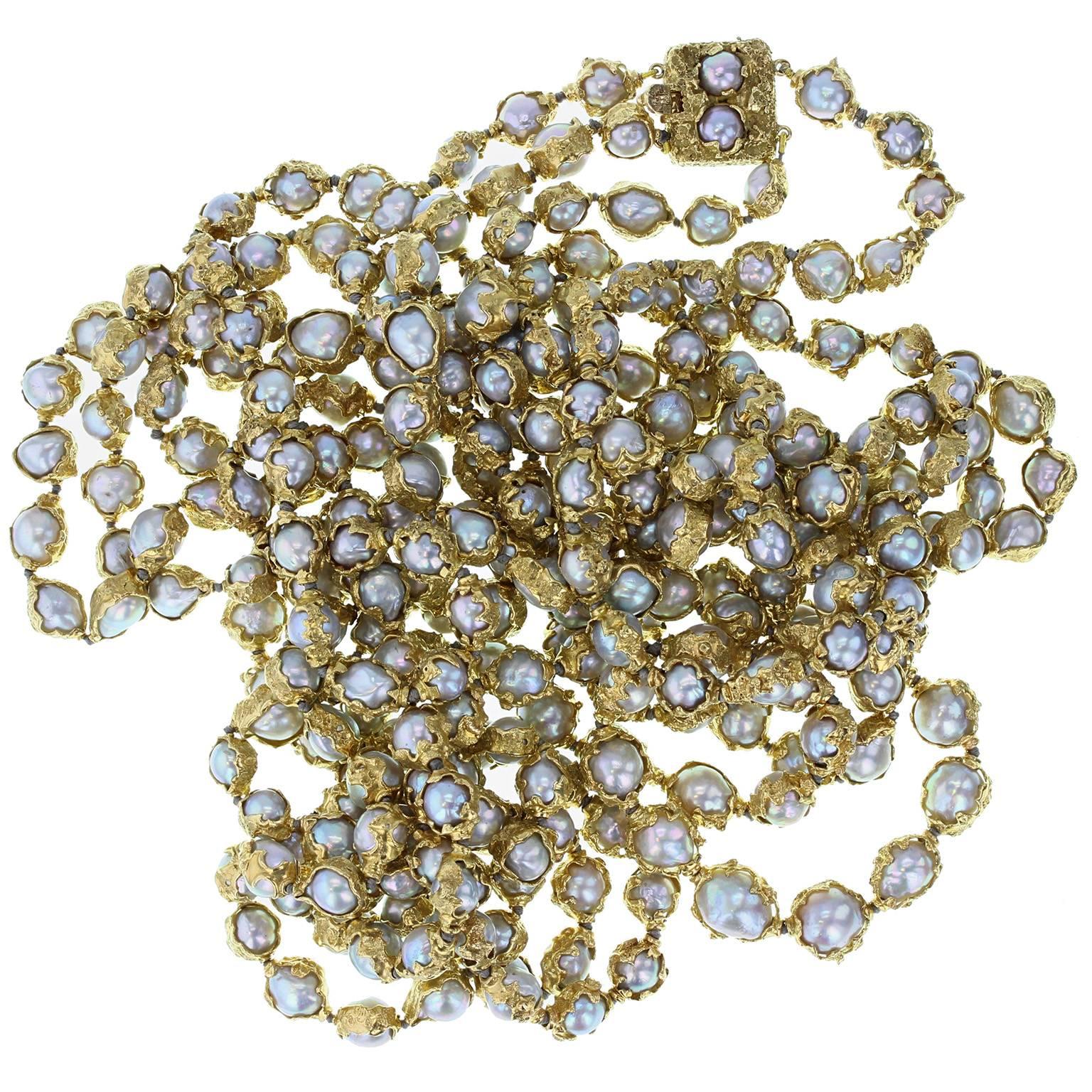 Rare 1960s Charles de Temple Gold Wrapped Grey Pearl  Double Necklace