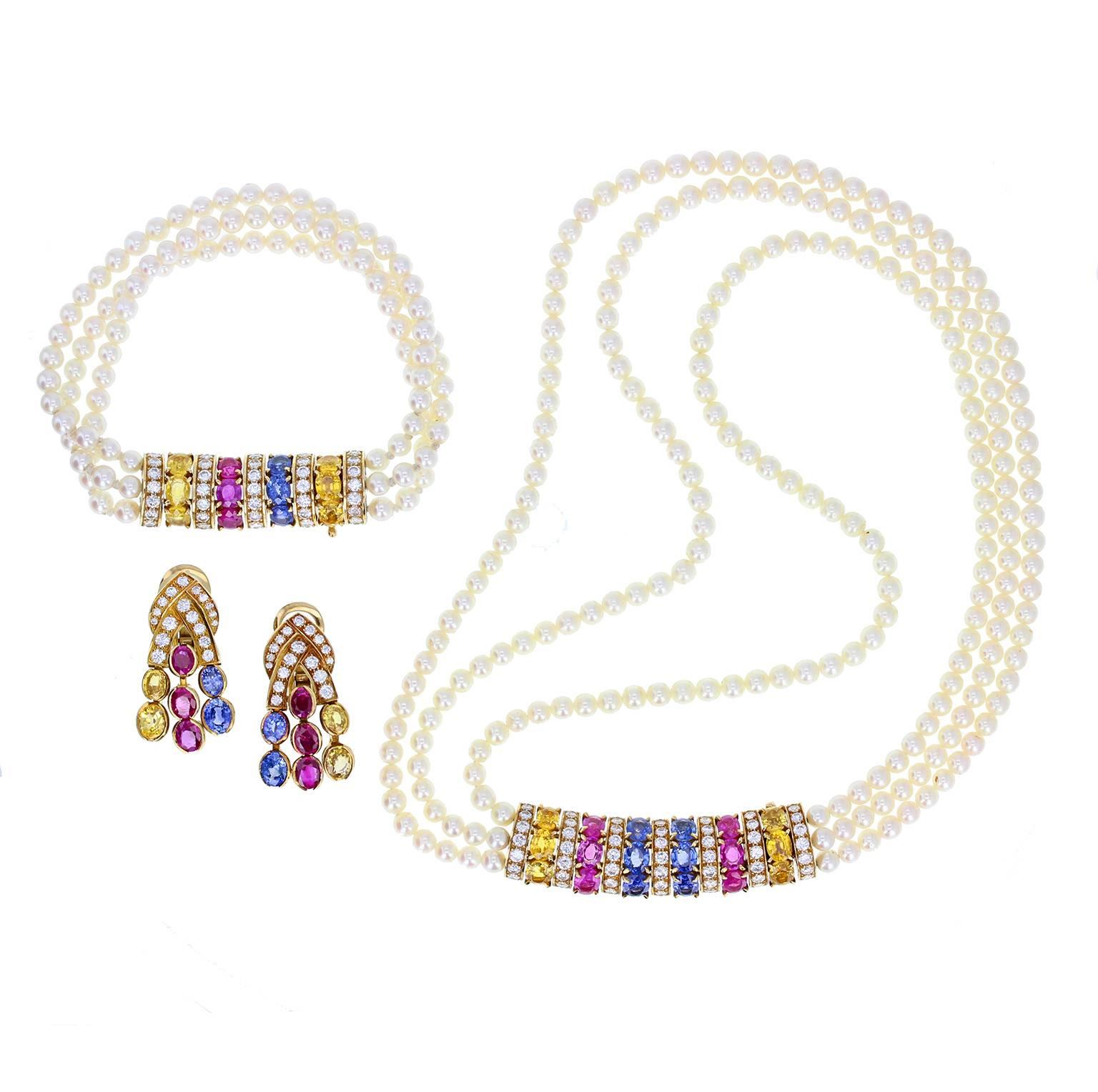 Van Cleef & Arpels Pearl Sapphire Ruby Gold Necklace Bracelet and Earrings For Sale