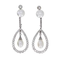 Antique Natural Pearl Diamond Gold Platinum Drop Earrings 1