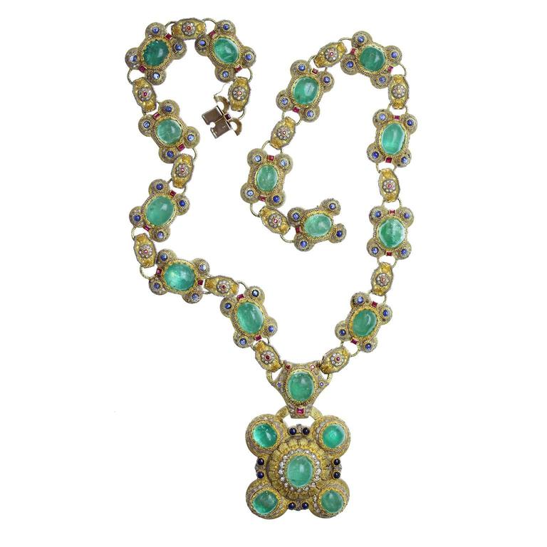 Modern Cazzaniga Ruby Sapphire Emerald Gold Sautoir Necklace For Sale