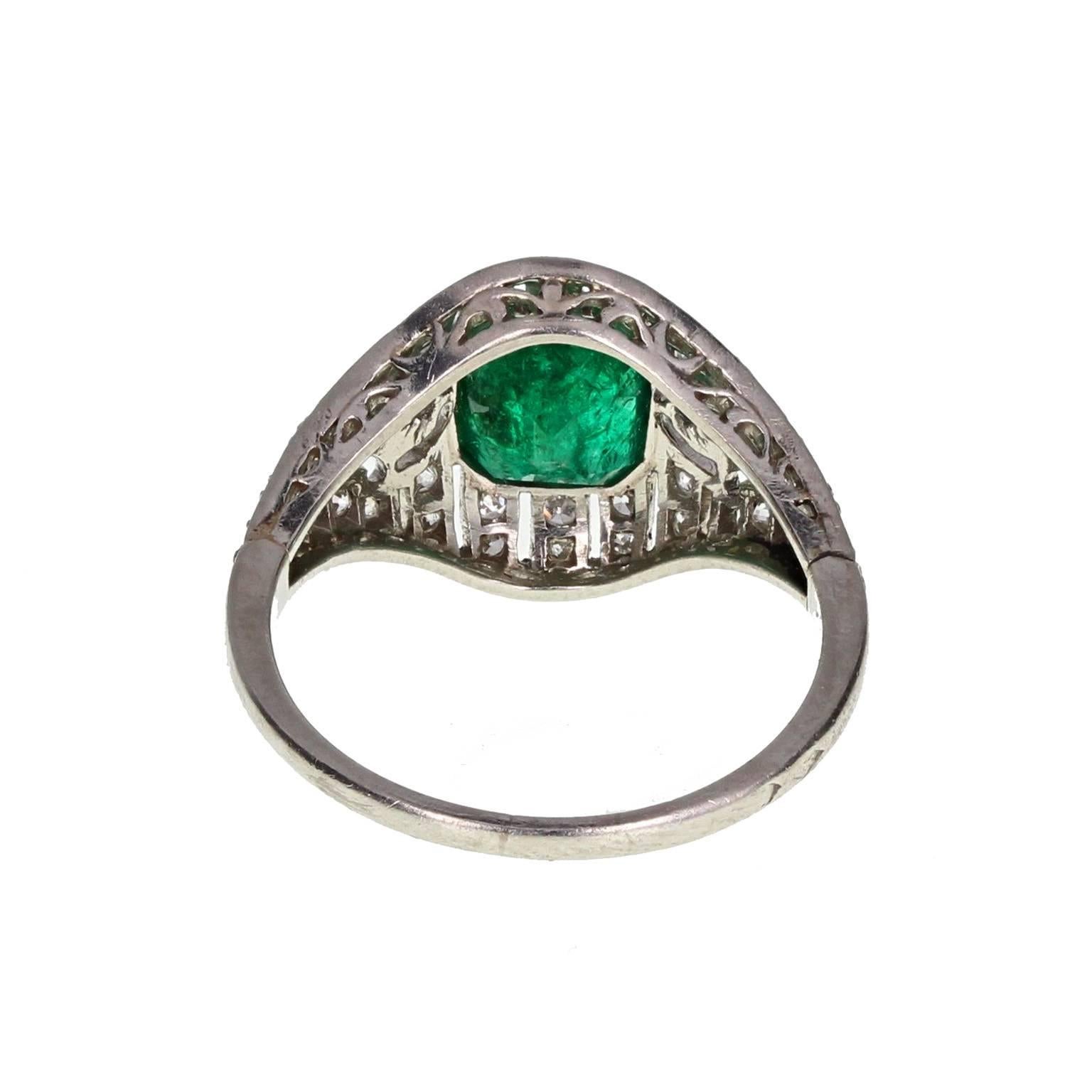 Women's or Men's Art Deco Emerald Diamond Platinum Cluster Ring