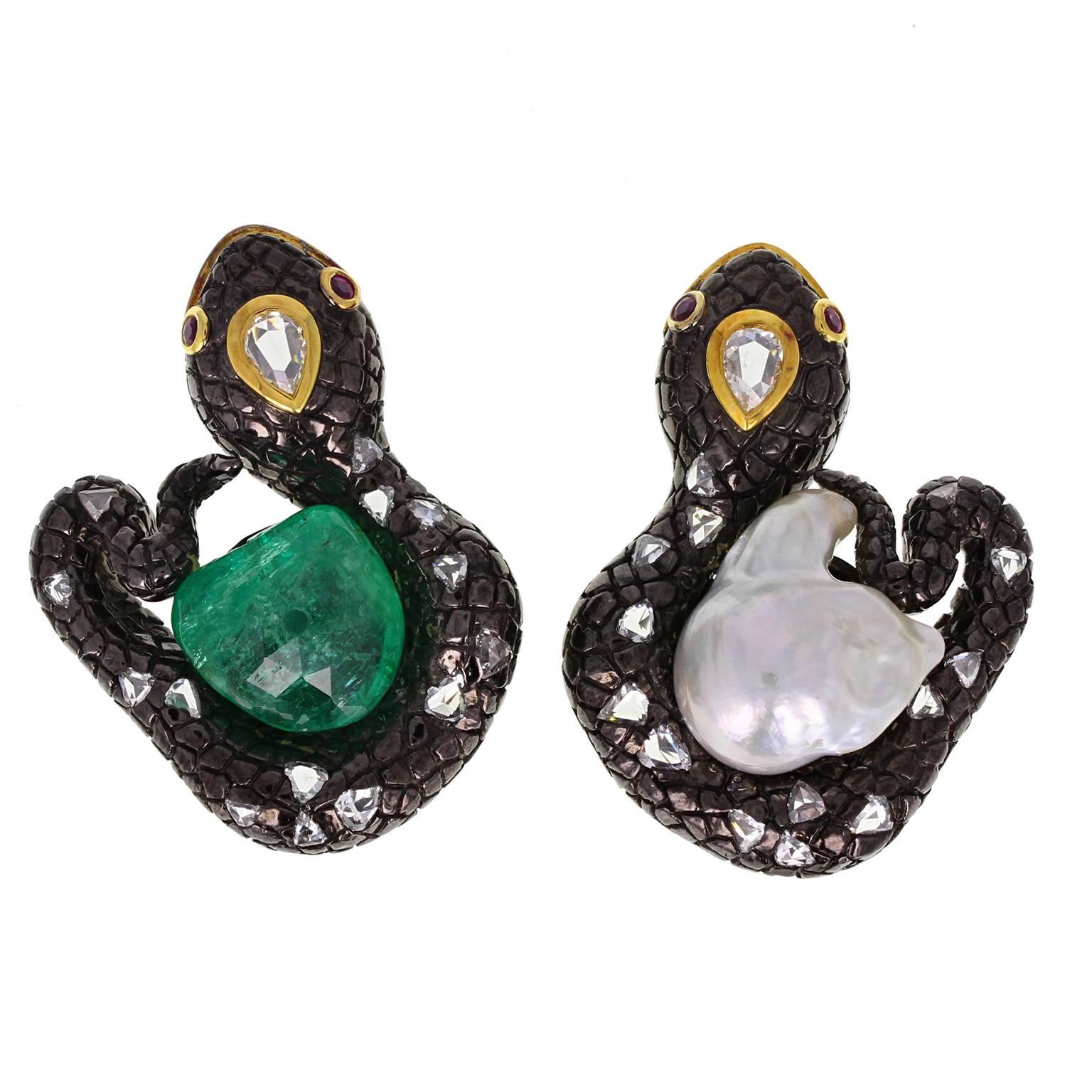 Emerald Pearl Diamond Serpent Gold Silver Earrings