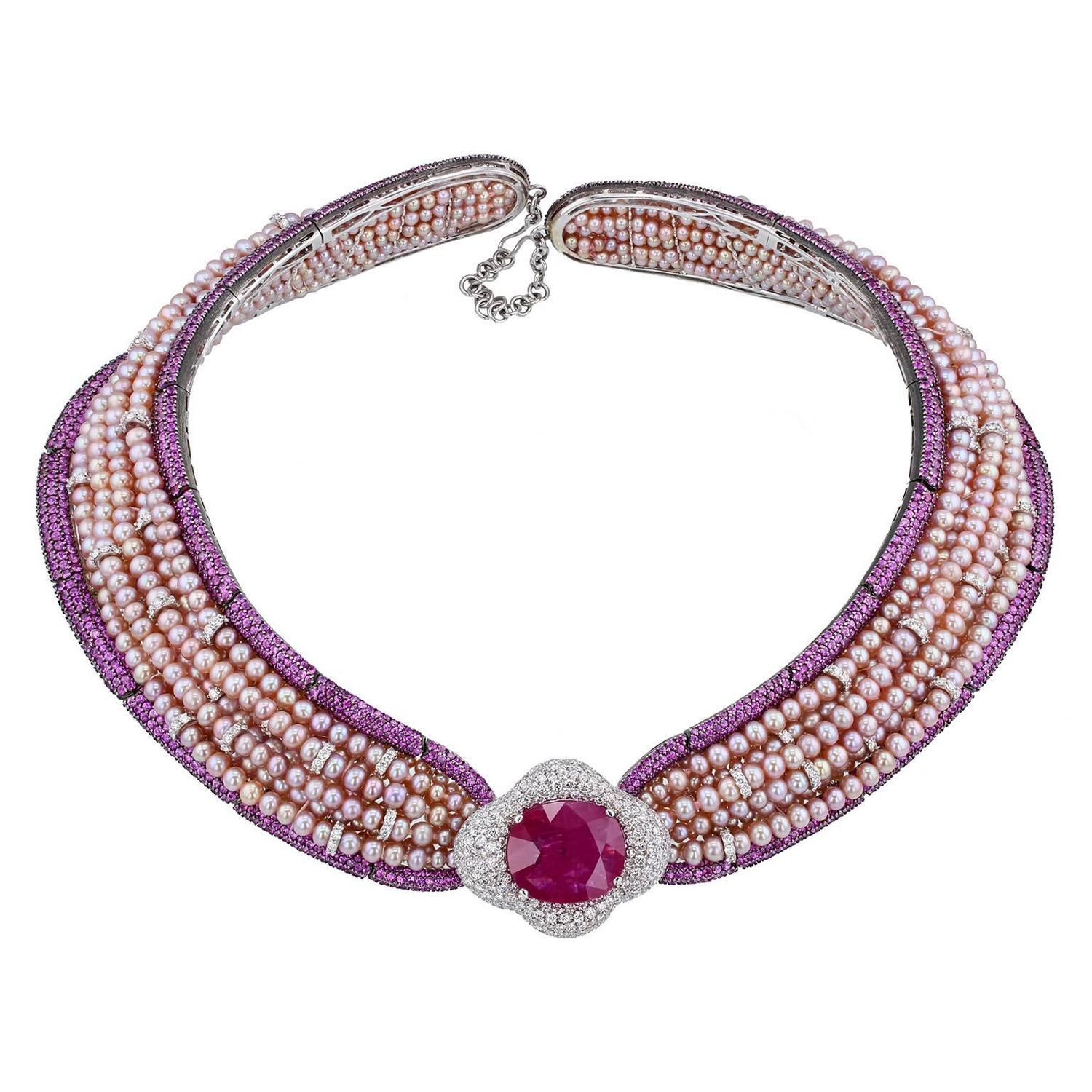 Jahan Important 30 Carat Burma Ruby Pink Sapphire Pearl Diamond Collar