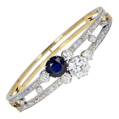 Antique Victorian Natural Sapphire Old Cut Diamond Gold Bangle Bracelet 4