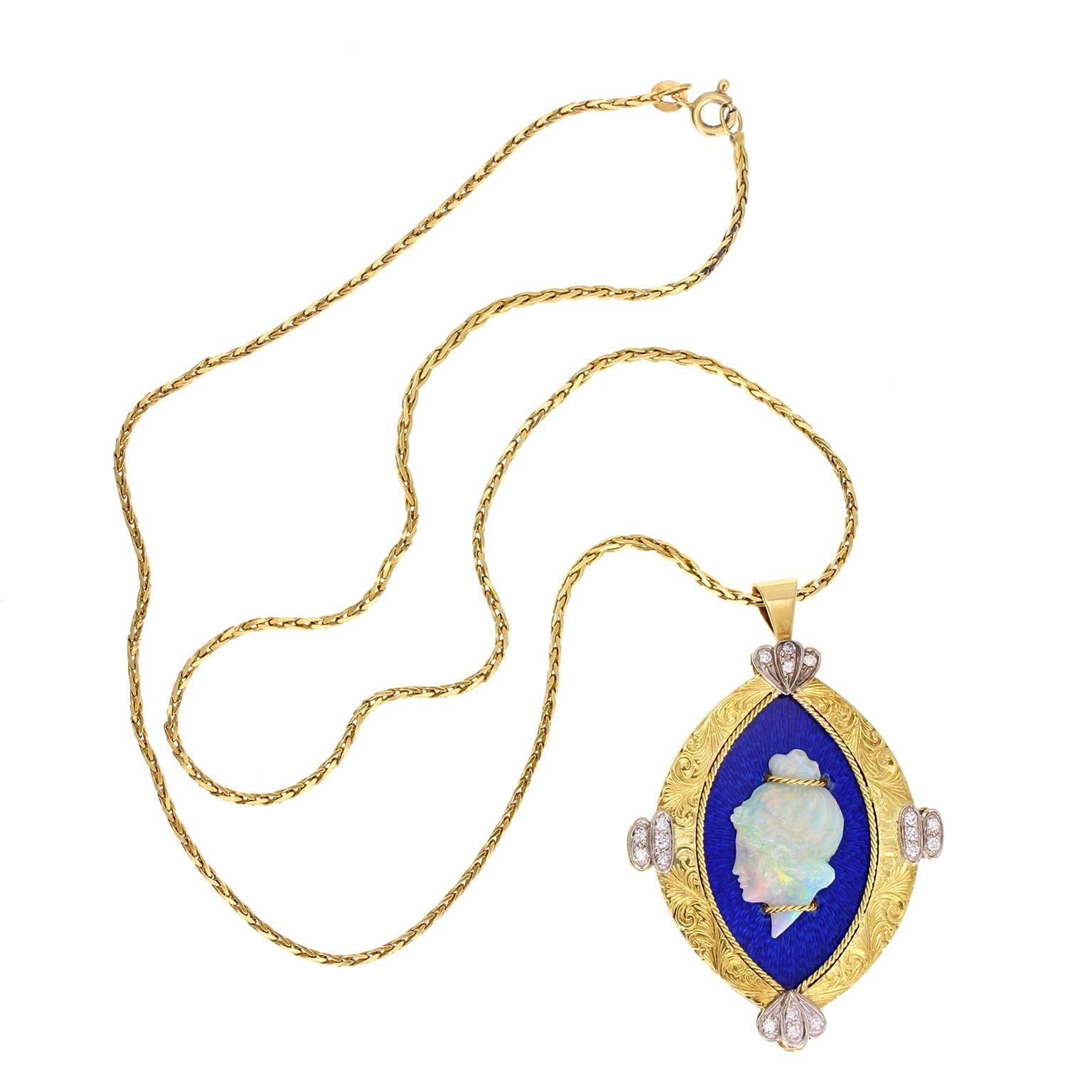 1970s Carved Opal Enamel Diamond Gold Pendant Brooch For Sale