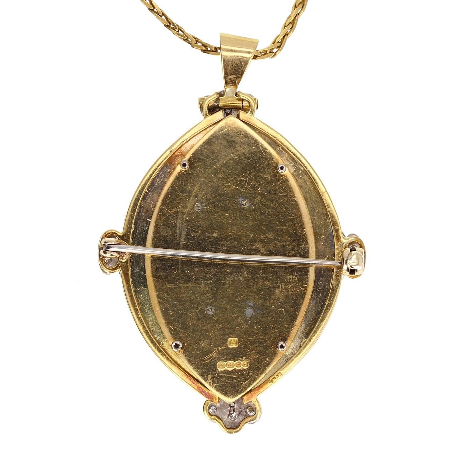 Modern 1970s Carved Opal Enamel Diamond Gold Pendant Brooch For Sale