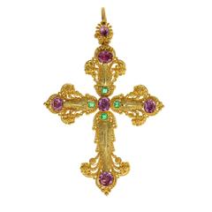 Exquisite Georgian Pink Topaz Emerald Gold Cannetille Cross Pendant Necklace 8