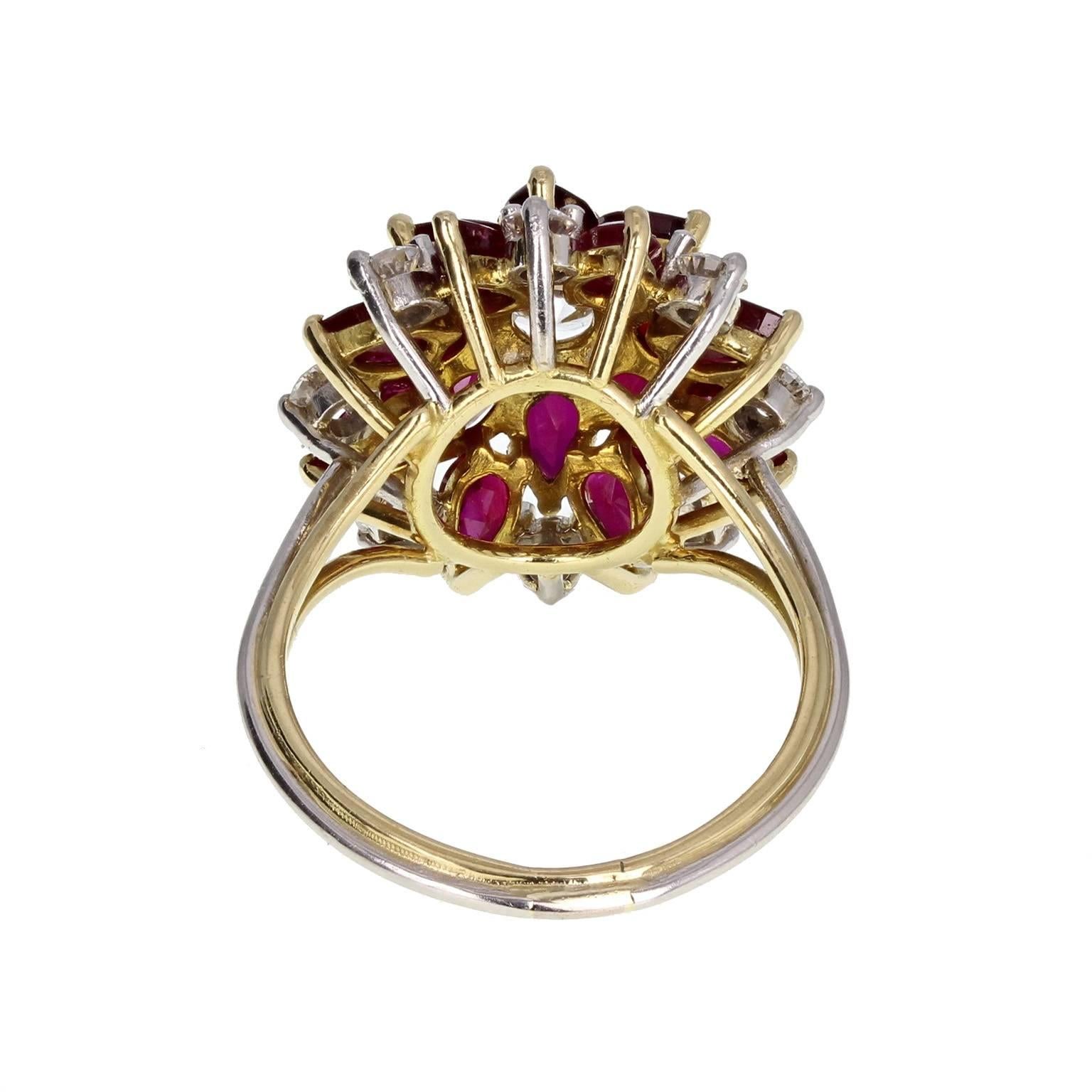 Modern Pear Shaped Ruby Diamond Flower Cluster Ring