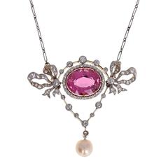 Antique Belle Époque Pink Tourmaline Pearl Diamond Pendant Necklace 11