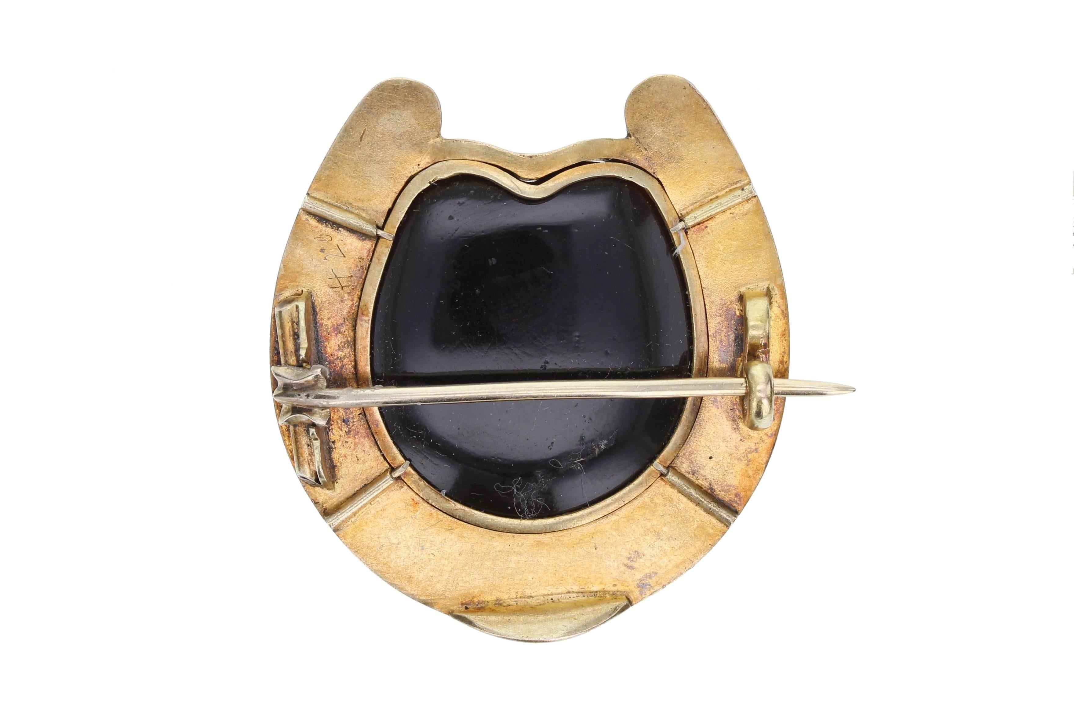 Late Victorian brooch formed from 15 carat gold with platinum 'nails' and the centre filled with agate to give the illusion of a horses hoof. Good condition. With fitted box.
 
Setting
Tests as 15ct gold and platinum
 
Dimensions
3cm x 3.5cm
