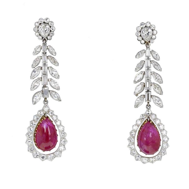 Art Deco 1920s Pear Shaped Burma Ruby Cabochon Diamond Platinum Drop Art Deco 1920s Pear Shaped Burma Ruby Cabochon Diamond Platinum Drop Earrings For