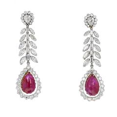 Art Deco 1920s Pear Shaped Burma Ruby Cabochon Diamond Platinum Drop Earrings