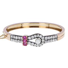 Antique Victorian Ruby Pearl Diamond Gold Bangle Bracelet 2