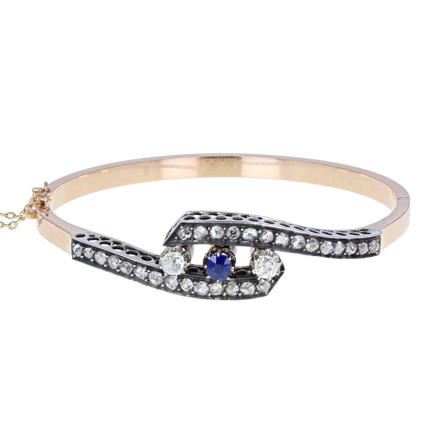 Antique Victorian Sapphire Rose-Cut Diamond Gold Bangle Bracelet For Sale