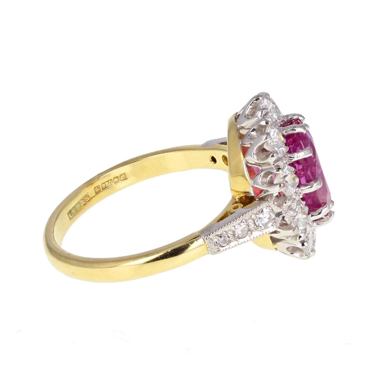 Modern 2.60 Carat Burma Unheated Ruby Diamond Gold Oval Cluster Ring