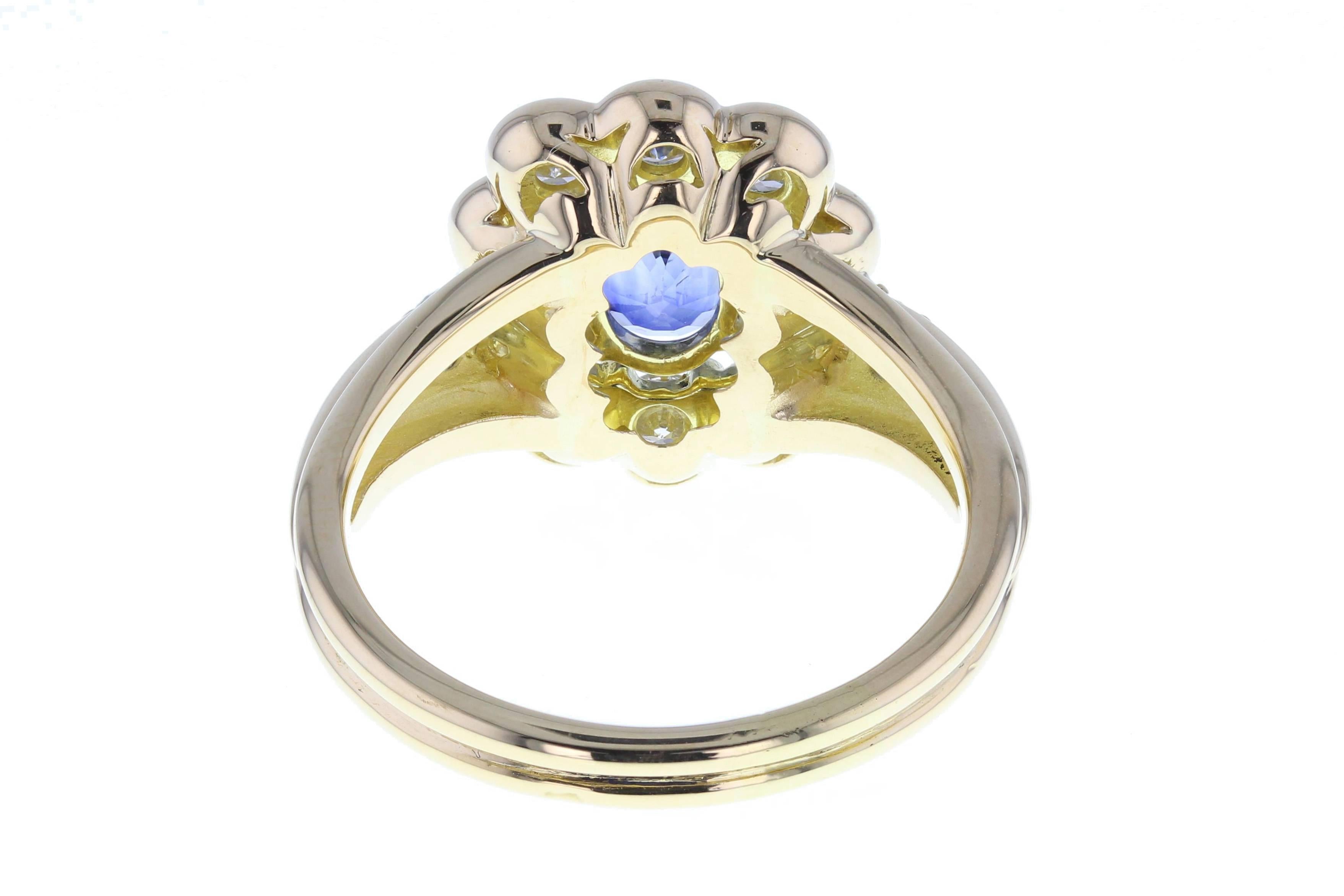 Modern Blue Sapphire Diamond Oval Cluster Gold Ring For Sale