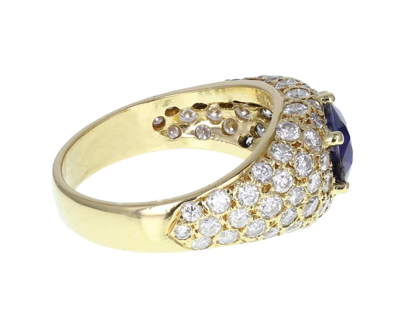 Central oval-cut sapphire of beautiful rich blue colour set in six yellow gold claws, flanked by a tapering shank, pavé set with round, brilliant-cut diamonds.
Specifications:
 
Shank and Setting
Tests as 18ct gold
 
Diamond
Weight: 1.25ct in