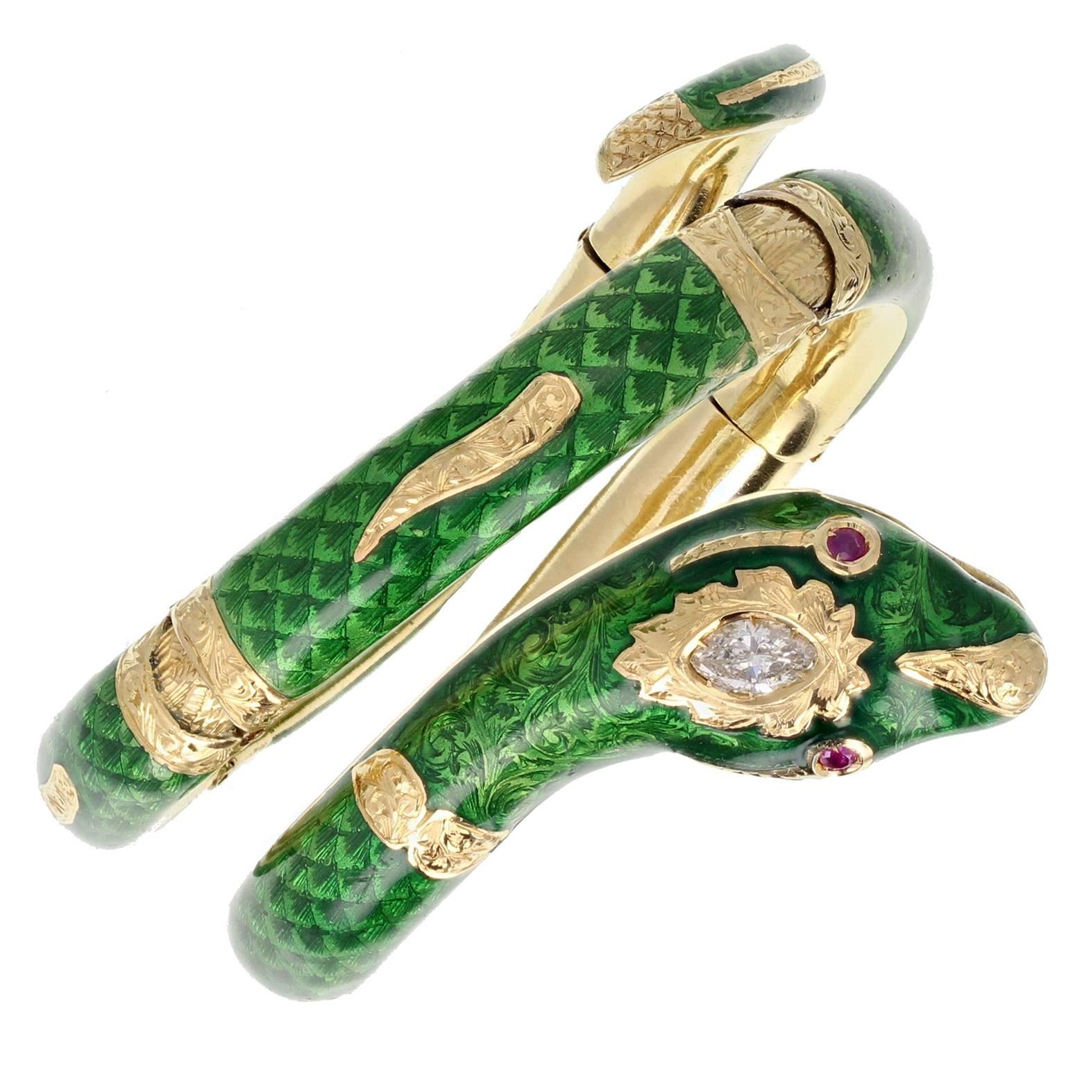 18 Carat Gold Green Enamel Diamond Ruby Serpent Snake Bangle For Sale