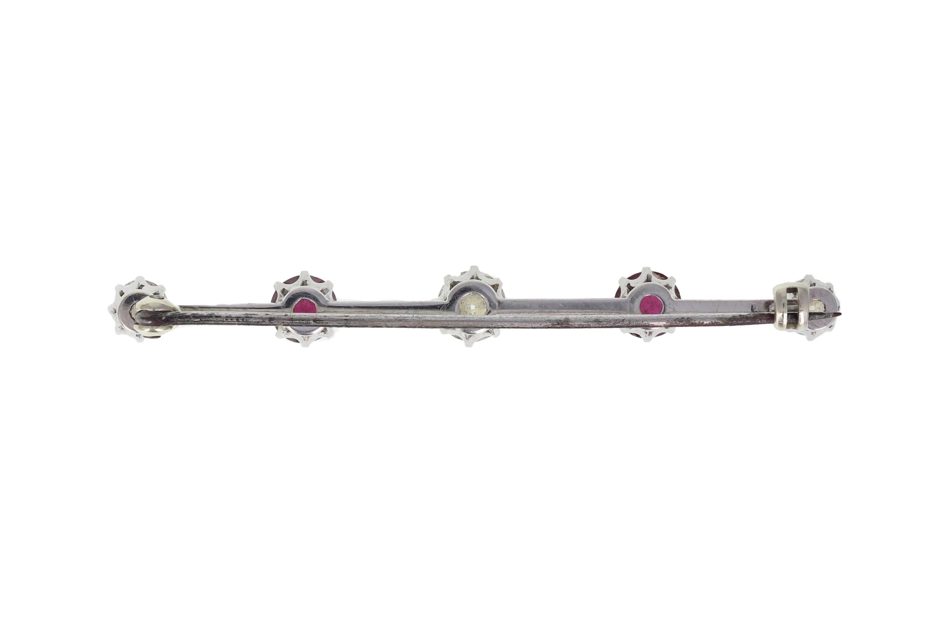 Late Victorian Antique Ruby Diamond Bar Brooch For Sale
