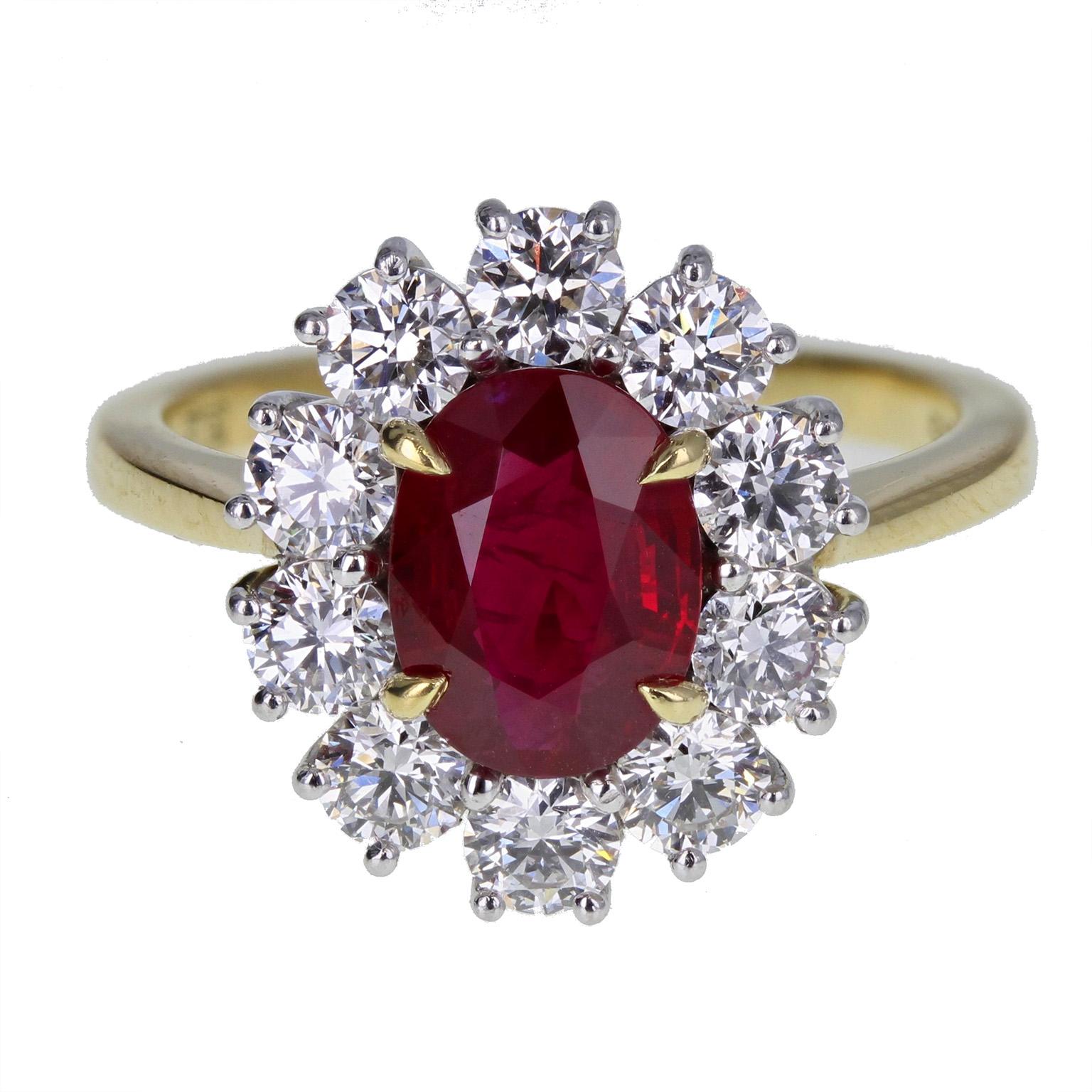 Burma Ruby Diamond 18 Carat Gold Cluster Ring For Sale