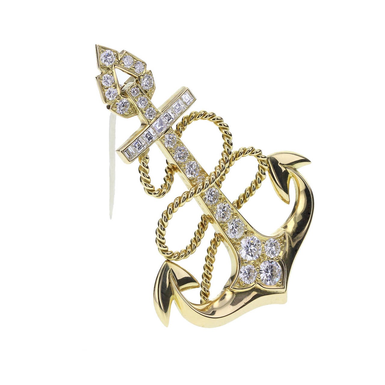 A novelty anchor and rope styled brooch by Cartier. 18 carat yellow gold set with approximately 2 carats of round, brilliant-cut and calibre-cut diamonds. H colour, VS clarity. Signed Cartier with London hallmark. Boxed in original Cariter red