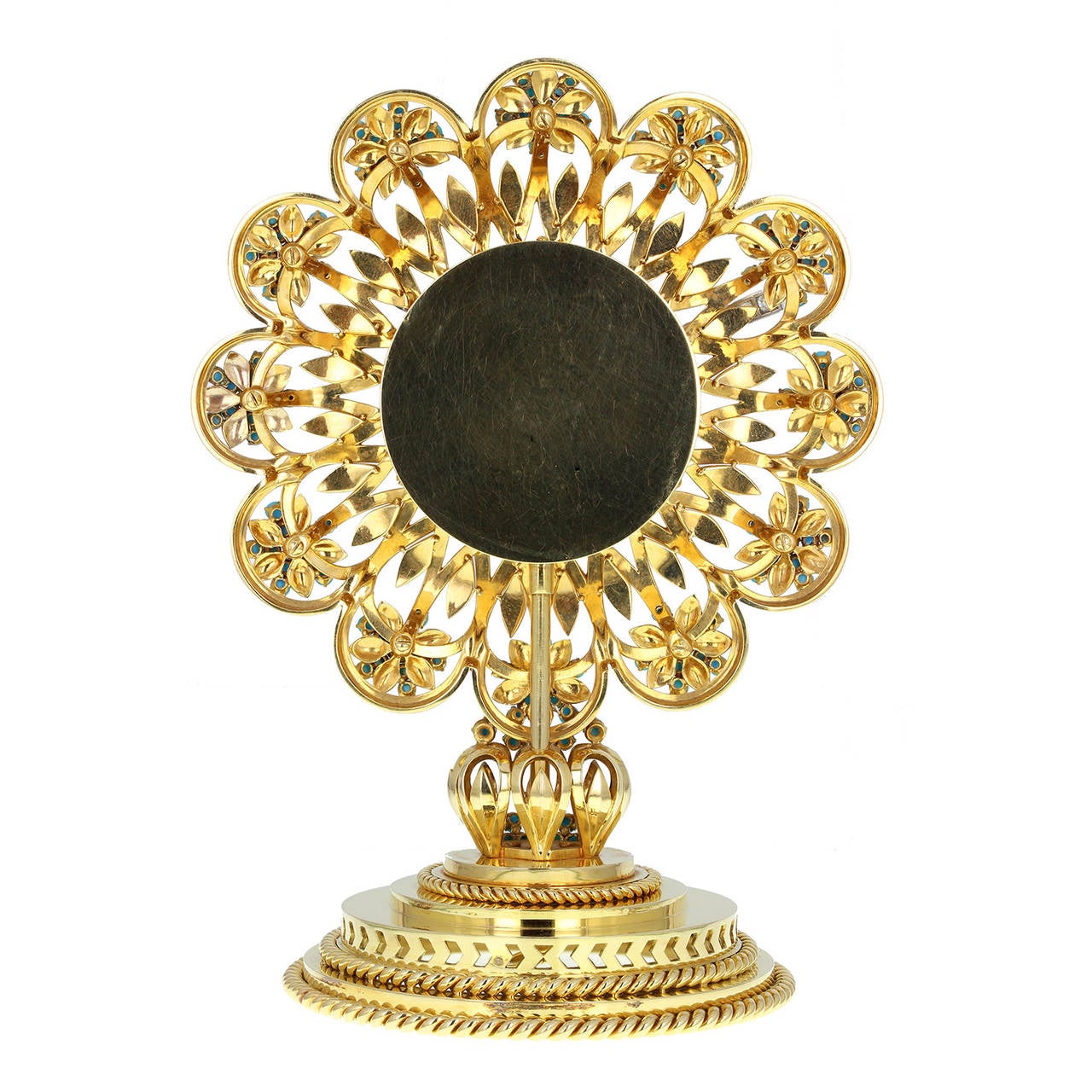 18ct gold in the form of a flower, the pierced dial set with turquoise beads forming the numerals, the hands set with diamonds, centred with sapphires and a garnet, on a pierced stem with rope-twist borders. French 3e titre post-1838, signed