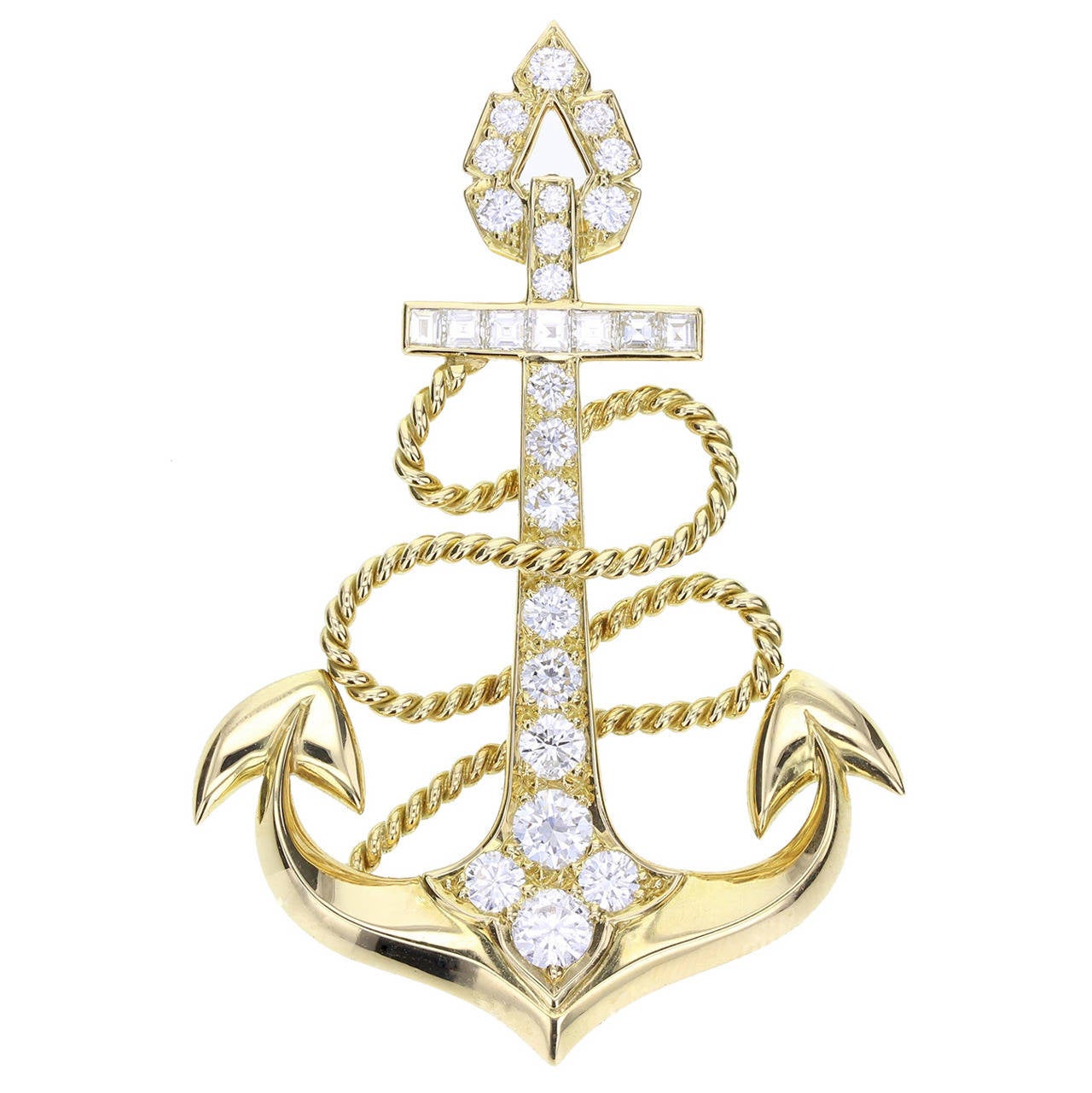 Cartier Diamond Gold Nautical Anchor Brooch For Sale