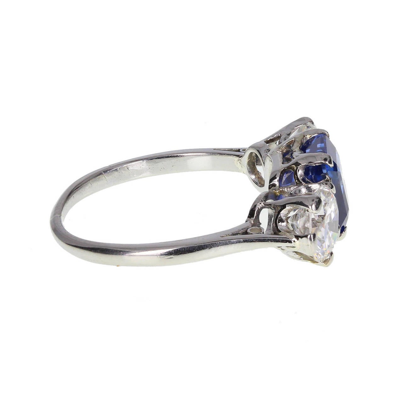 Art Deco Square Cut Burma Sapphire Diamond Platinum Three Stone Ring