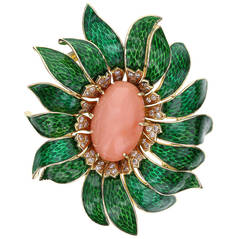 Van Cleef & Arpels Enamel Coral Diamond Flower Pendant/Brooch 10