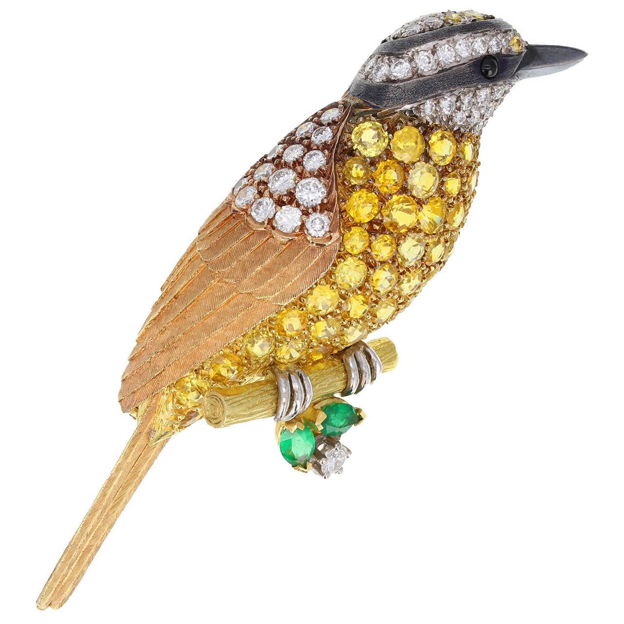 Fine Yellow Sapphire Diamond Gold Bird Brooch