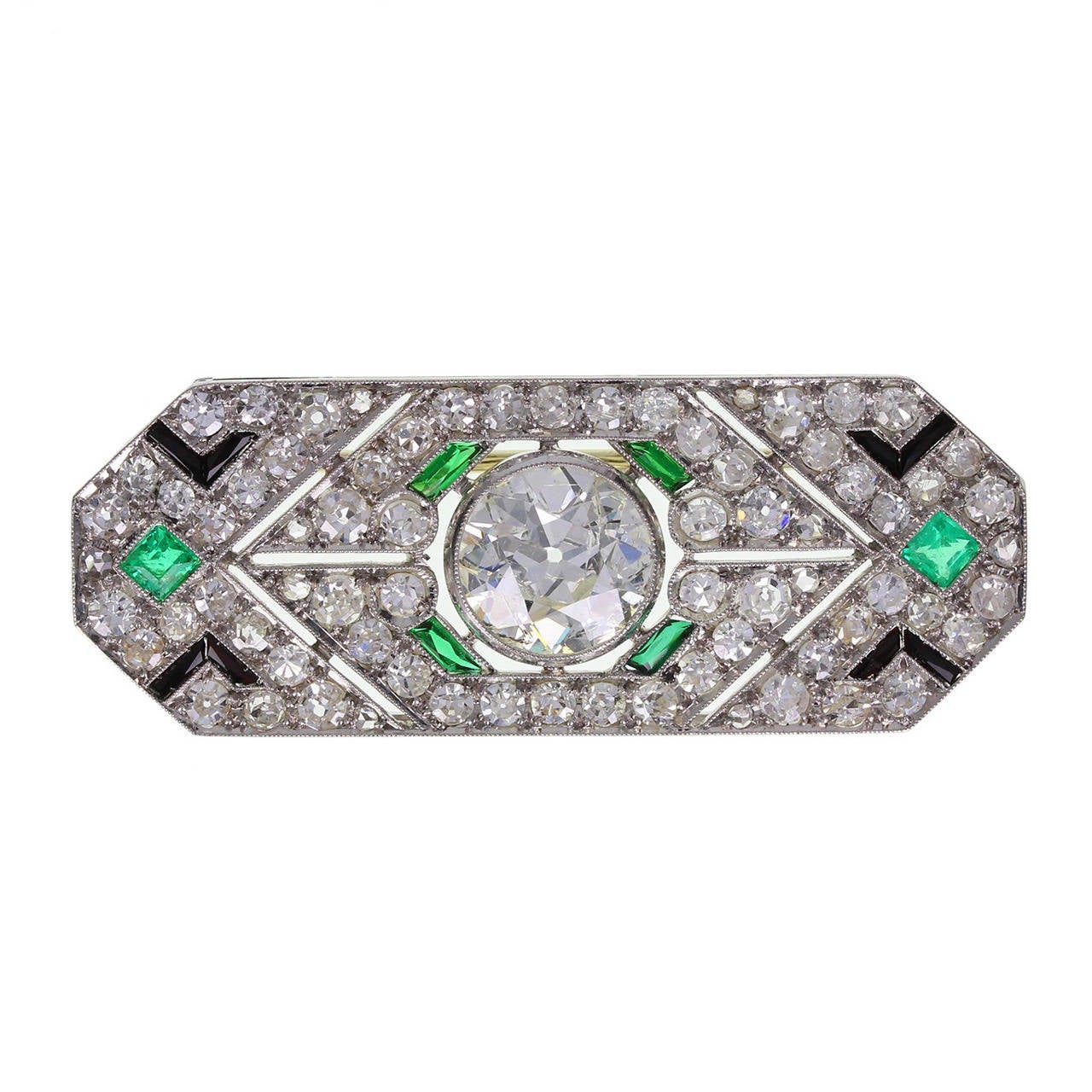 Art Deco Black Onyx Emerald Diamond Brooch/Pendant