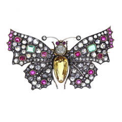 Late Victorian Topaz Fancy Diamond Emerald and Ruby Butterfly Brooch 11