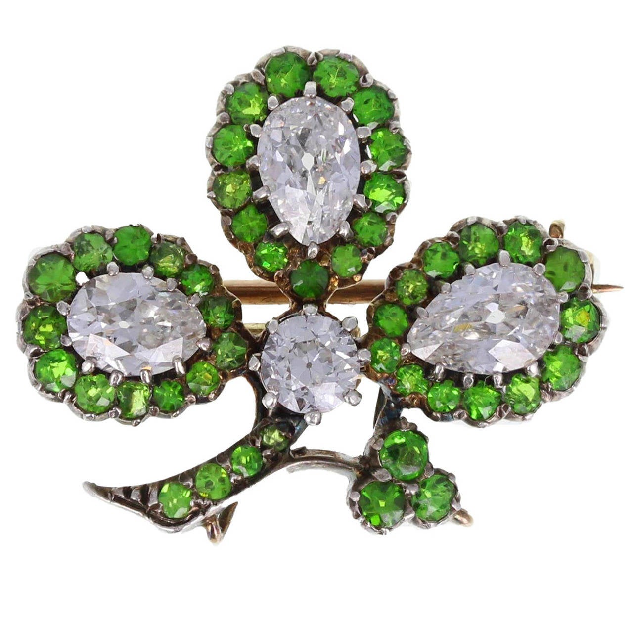 Antique Green Garnet Diamond Silver Gold Floral Brooch