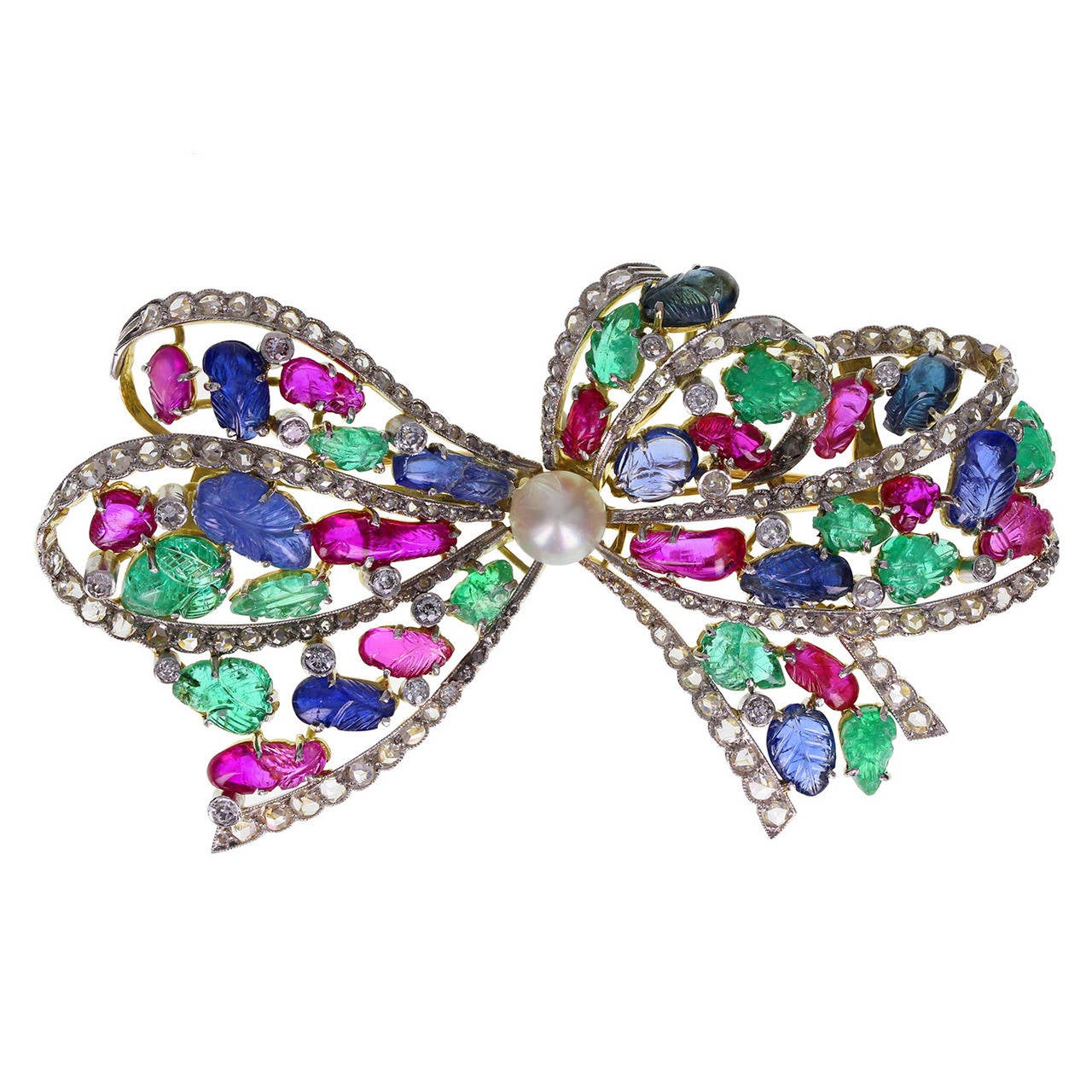 1930s Tutti Frutti Diamond Emerald Ruby Sapphire Pearl Bow Brooch For Sale