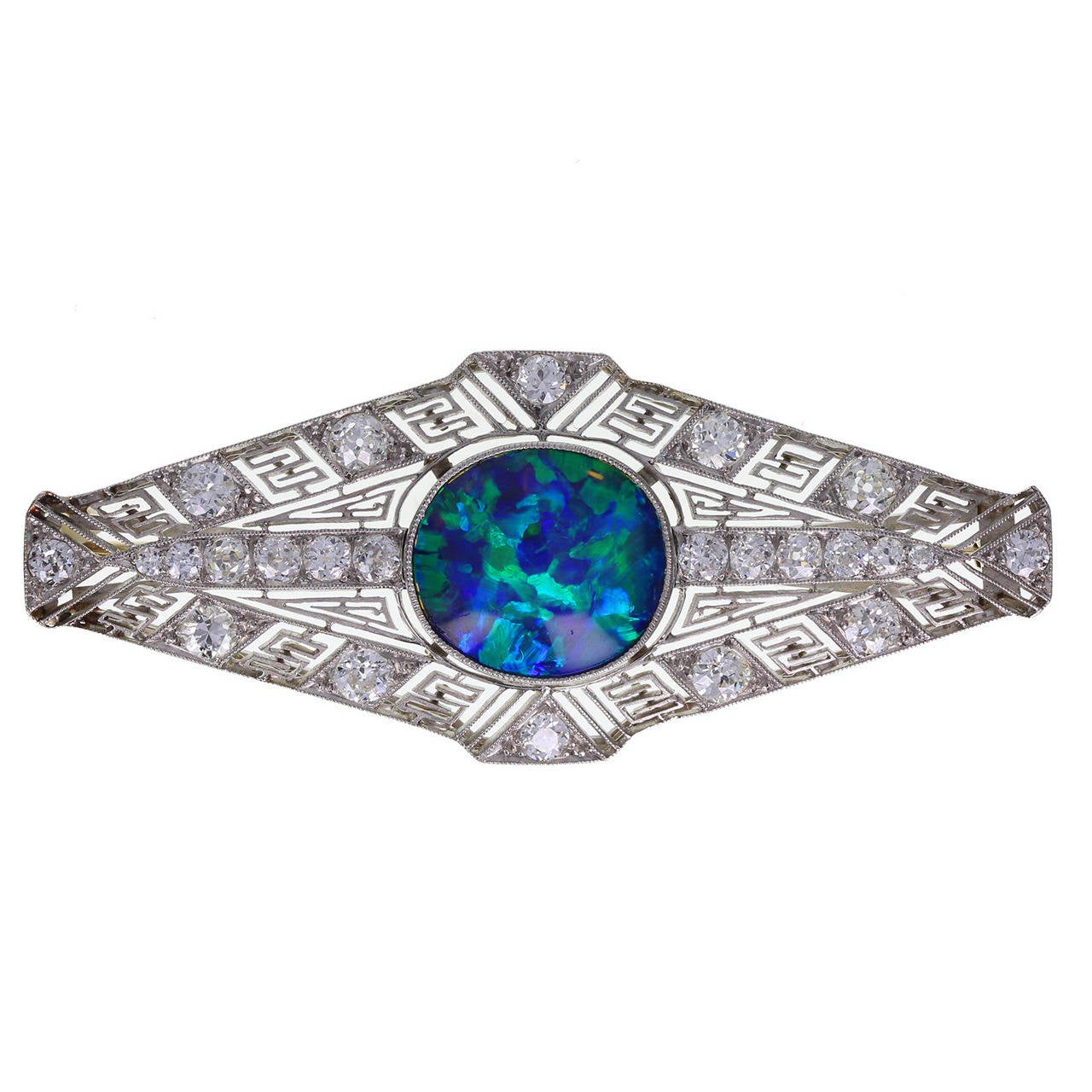 Art Deco Black Opal Diamond Brooch In Platinum For Sale