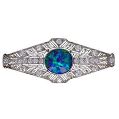 Art Deco Black Opal Diamond Brooch In Platinum