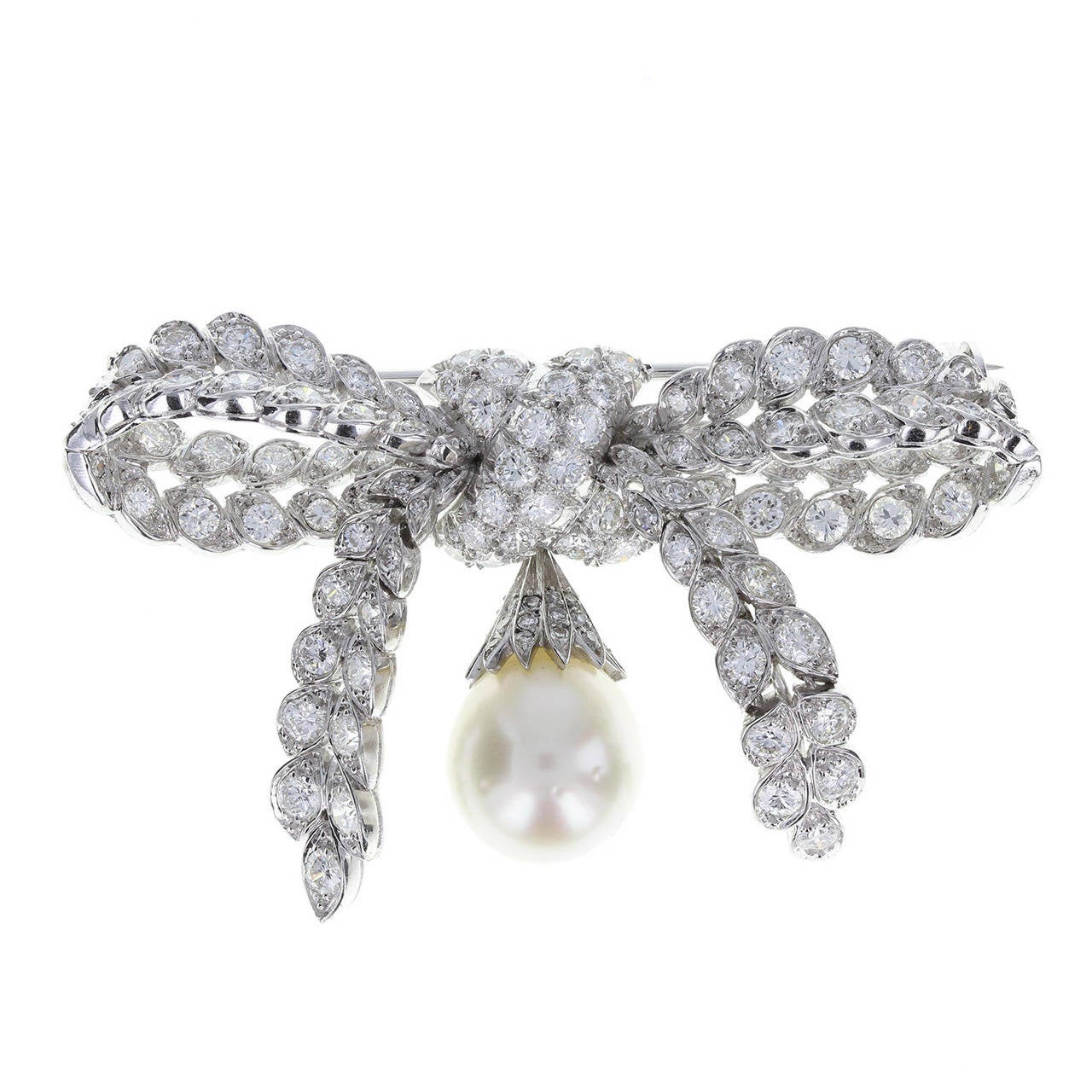 Pierre Sterle Platinum Pearl Diamond Bow Brooch