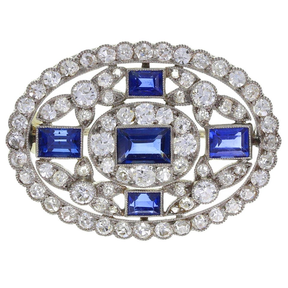 Edwardian Blue Sapphire Diamond Platinum Oval Brooch For Sale at 1stdibs