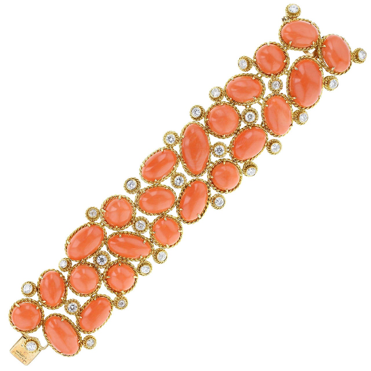 1970s Van Cleef & Arpels Coral Diamond Gold Bracelet For Sale