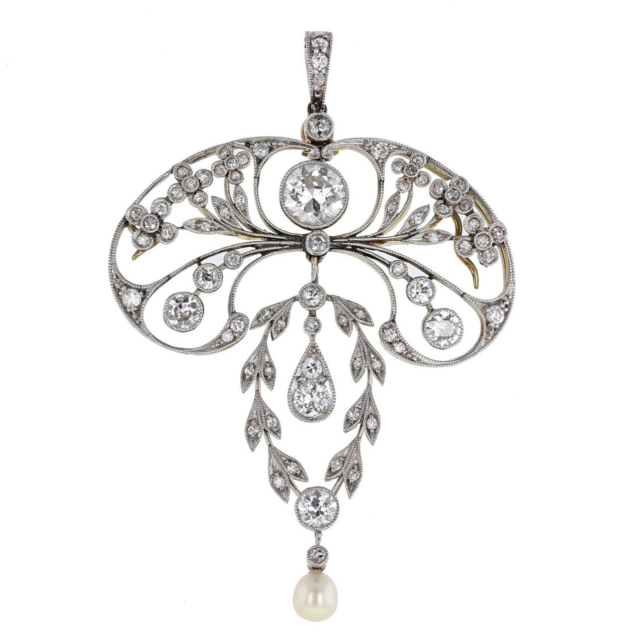 Art Nouveau Natural Pearl Diamond Gold Platinum Pendant For Sale at 1stDibs