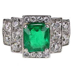 Art Deco Emerald Diamond Platinum Cocktail Ring 7